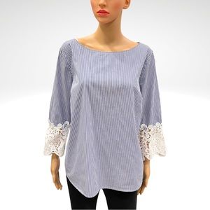 Liz Claiborne Career Stripe Blouse Top Blue White Lace Crochet Cuff Womens Large